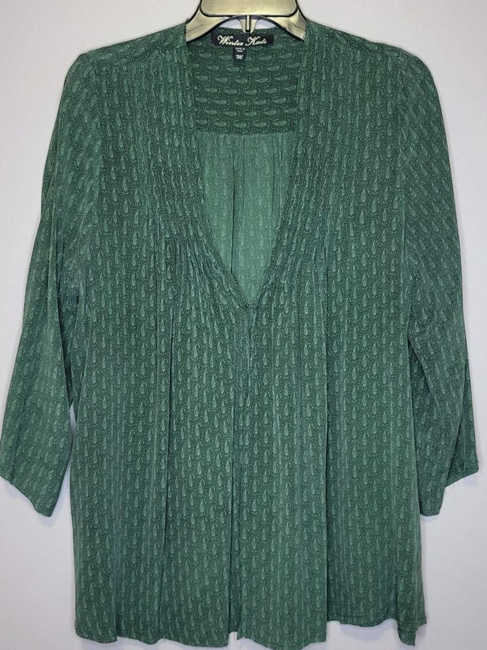 Winter Kate Green Silk Boho Paisley Print Peasant Blouse Medium Long Sleeve